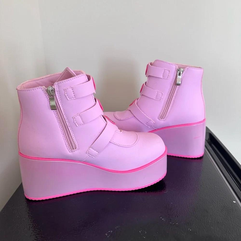 Pink Platform Wedge Ankle Boots with Heart Buckles